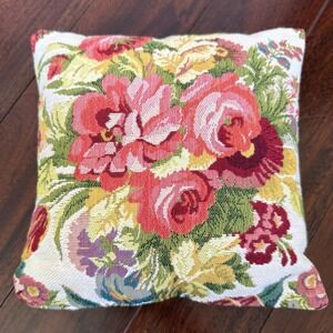Vintage French Tapestry Floral Pillow 9x9 Art de Lys Needlepoint Cushion‎